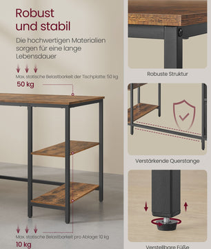 VASAGLE Bureau met 3 Planken en 2 Lades - 140x60x76 cm - Industrieel Design