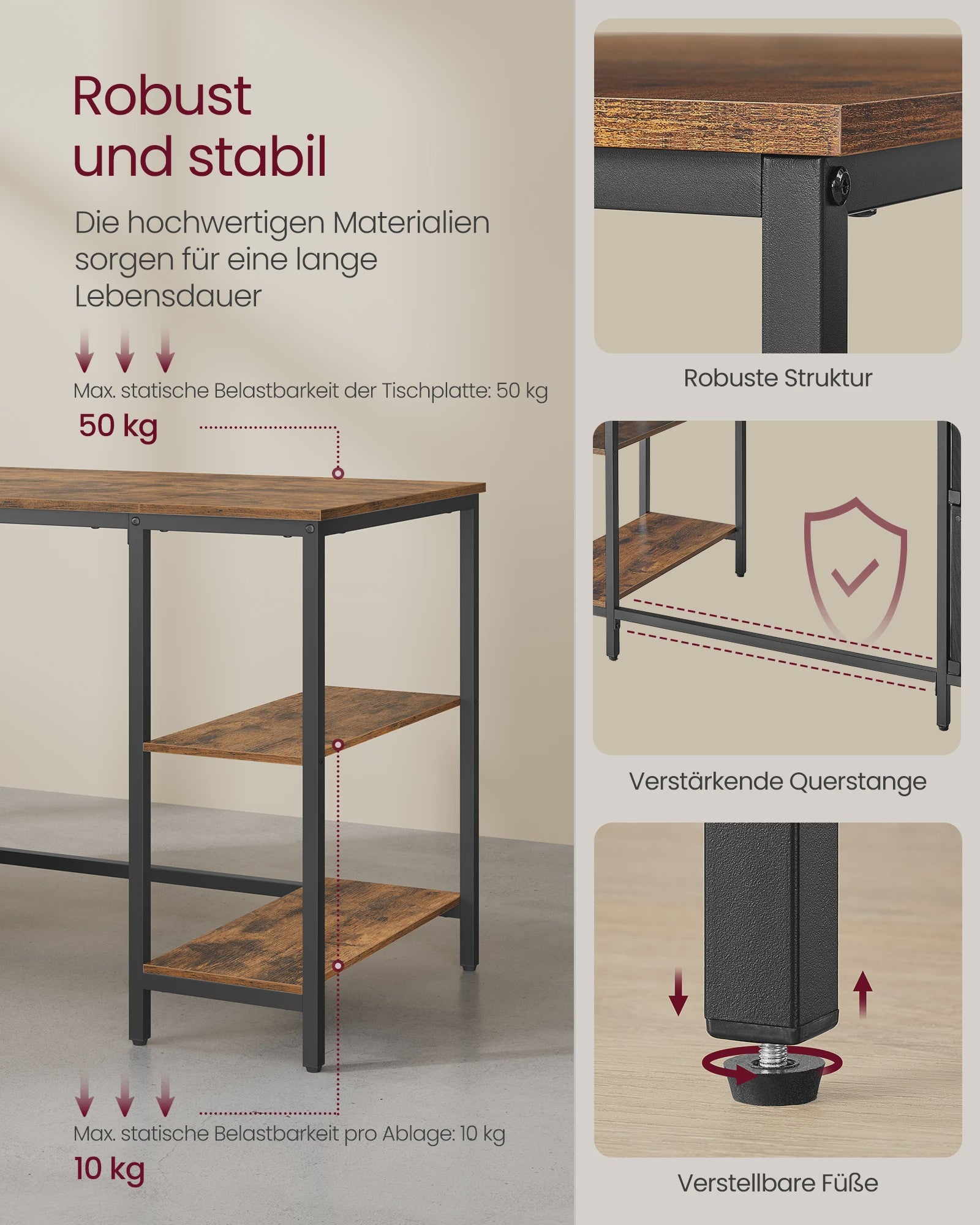 VASAGLE Bureau met 3 Planken en 2 Lades - 140x60x76 cm - Industrieel Design