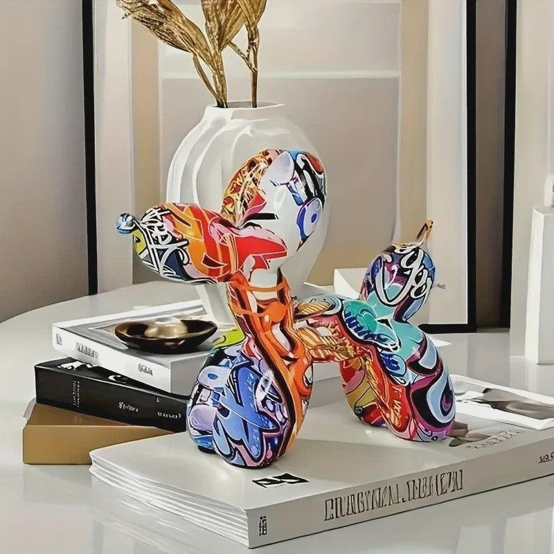 Kleurrijke Ballonhond Sculptuur - Graffiti Stijl Hondenbeeldje voor Woonkamer Decoratie