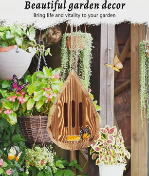 Houten Vlinderhuisje met Voederbakje & Ophangtouw - Decoratief Bijenhotel voor Tuin & Balkon