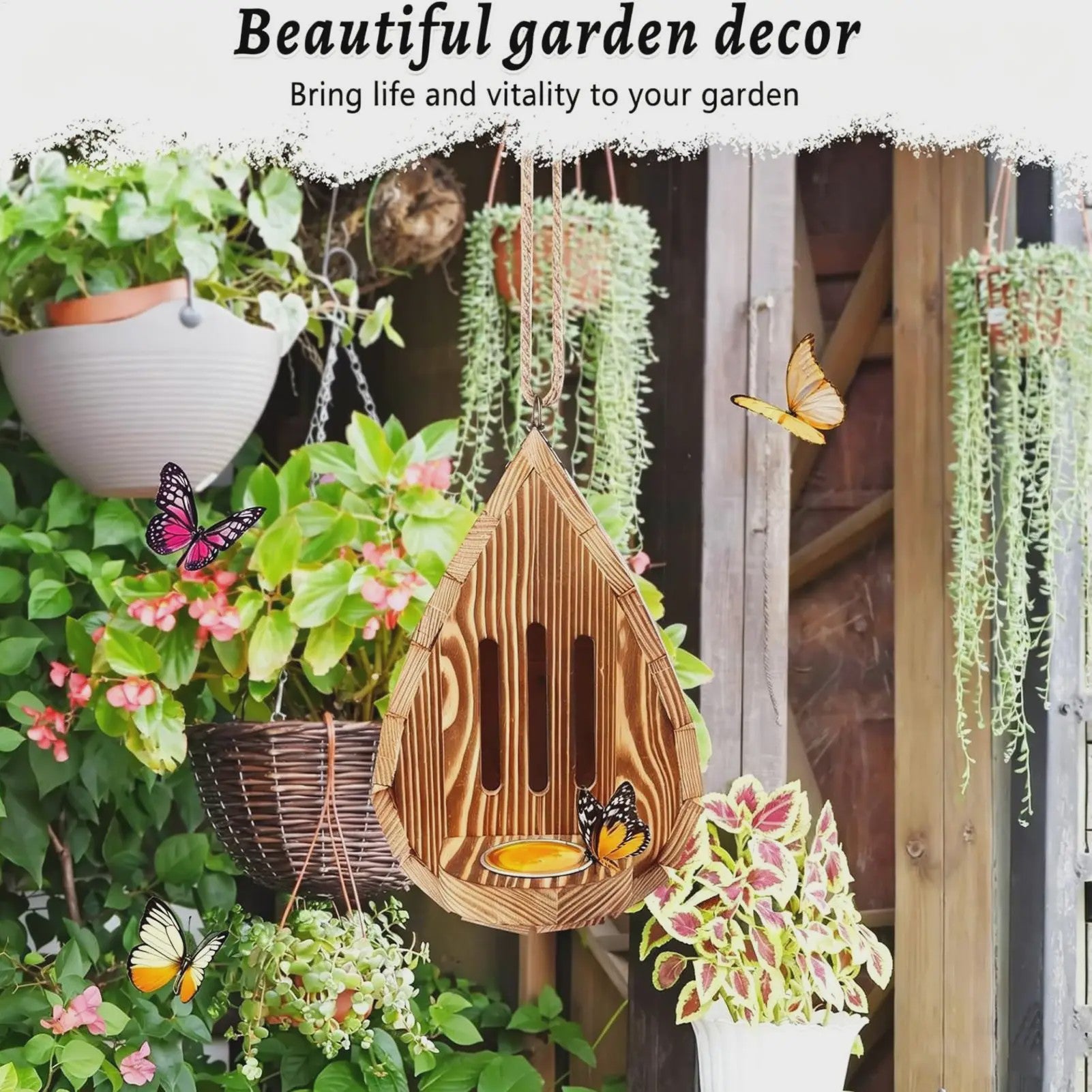 Houten Vlinderhuisje met Voederbakje & Ophangtouw - Decoratief Bijenhotel voor Tuin & Balkon