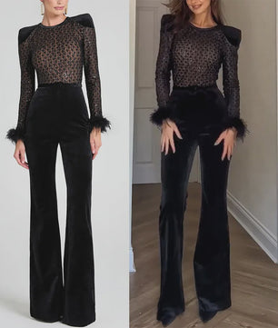 Elegante Dames Jumpsuit met Fluweel en Pailletten - Lange Mouwen & Flared Broek