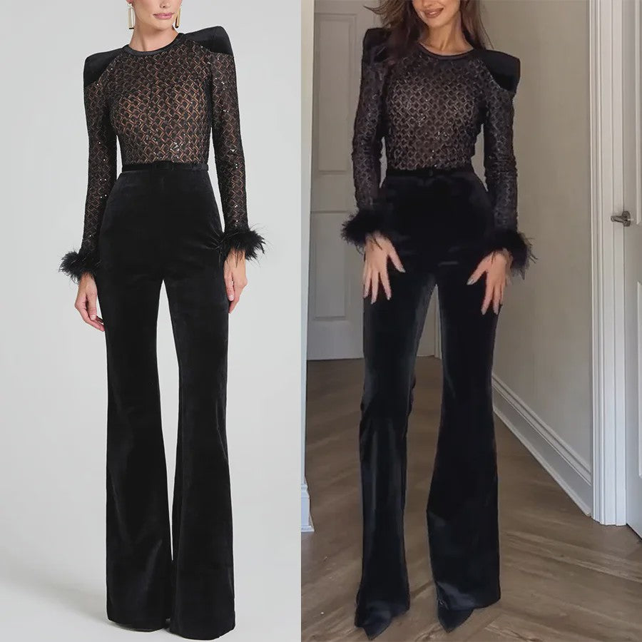 Elegante Dames Jumpsuit met Fluweel en Pailletten - Lange Mouwen & Flared Broek