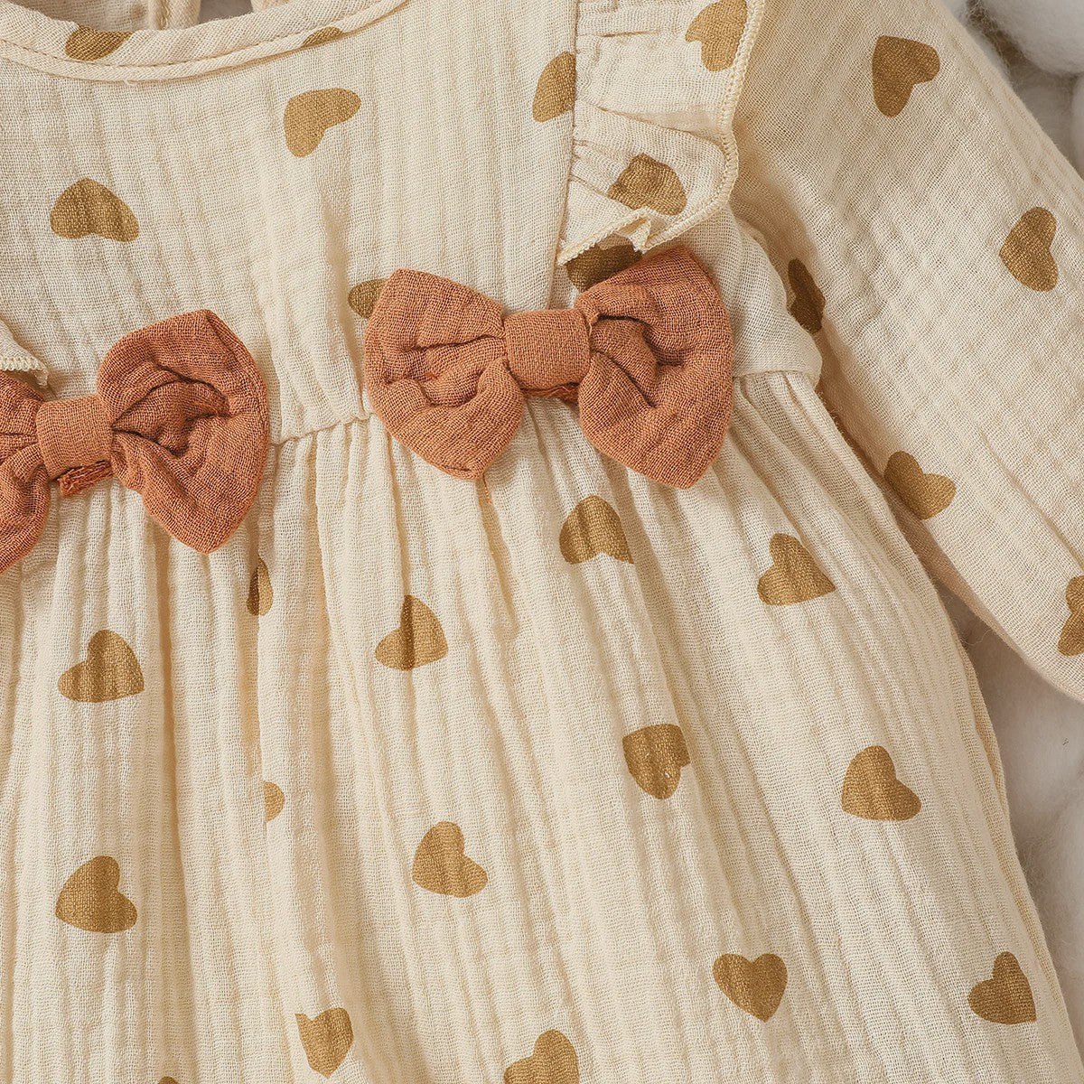 Schattige Baby Meisjes Jumpsuit met Hartjesprint en Strikje - Katoen, Lange Mouwen