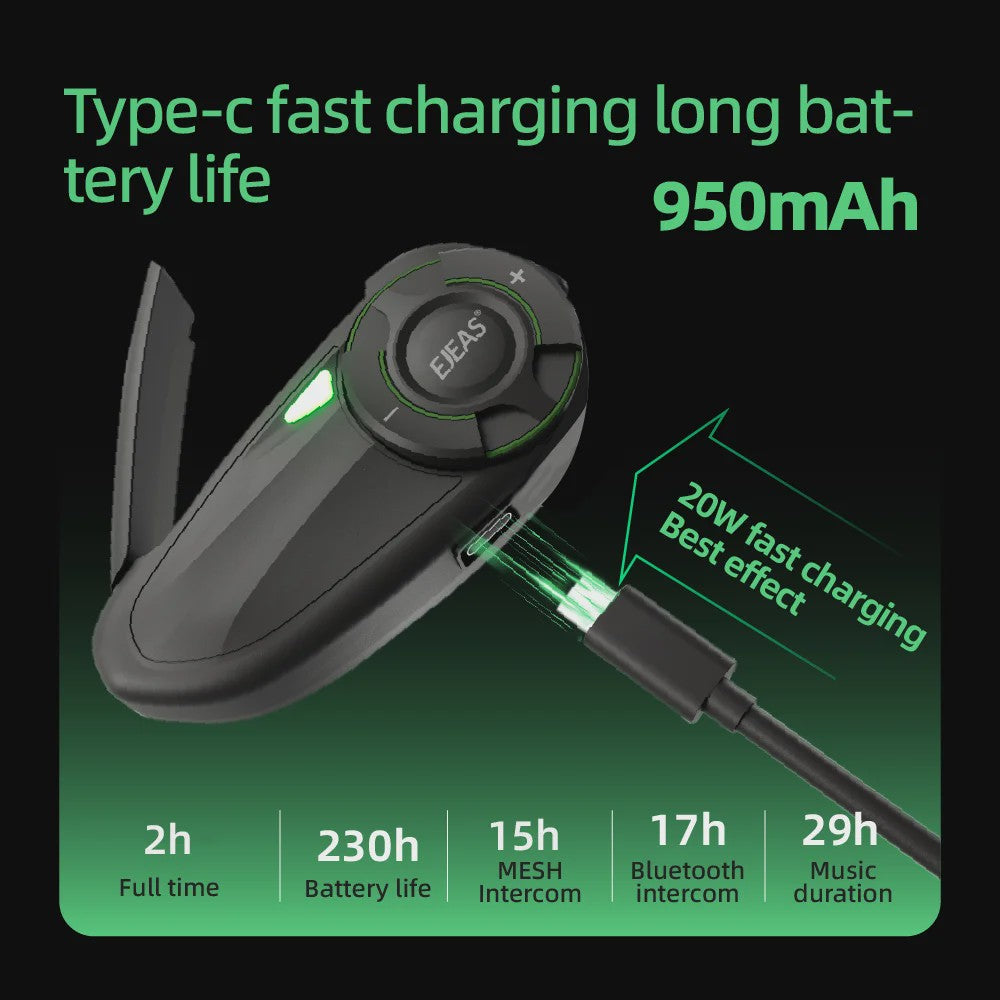 EJEAS Q8 Motorhelm Intercom Systeem - Bluetooth 5.1 Mesh 3.0, APP Bediening