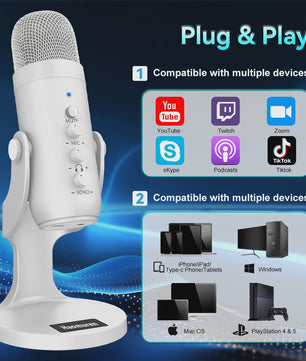 Professionele Witte USB Condensator Microfoon voor Studio, Gaming, Streaming & Podcasts