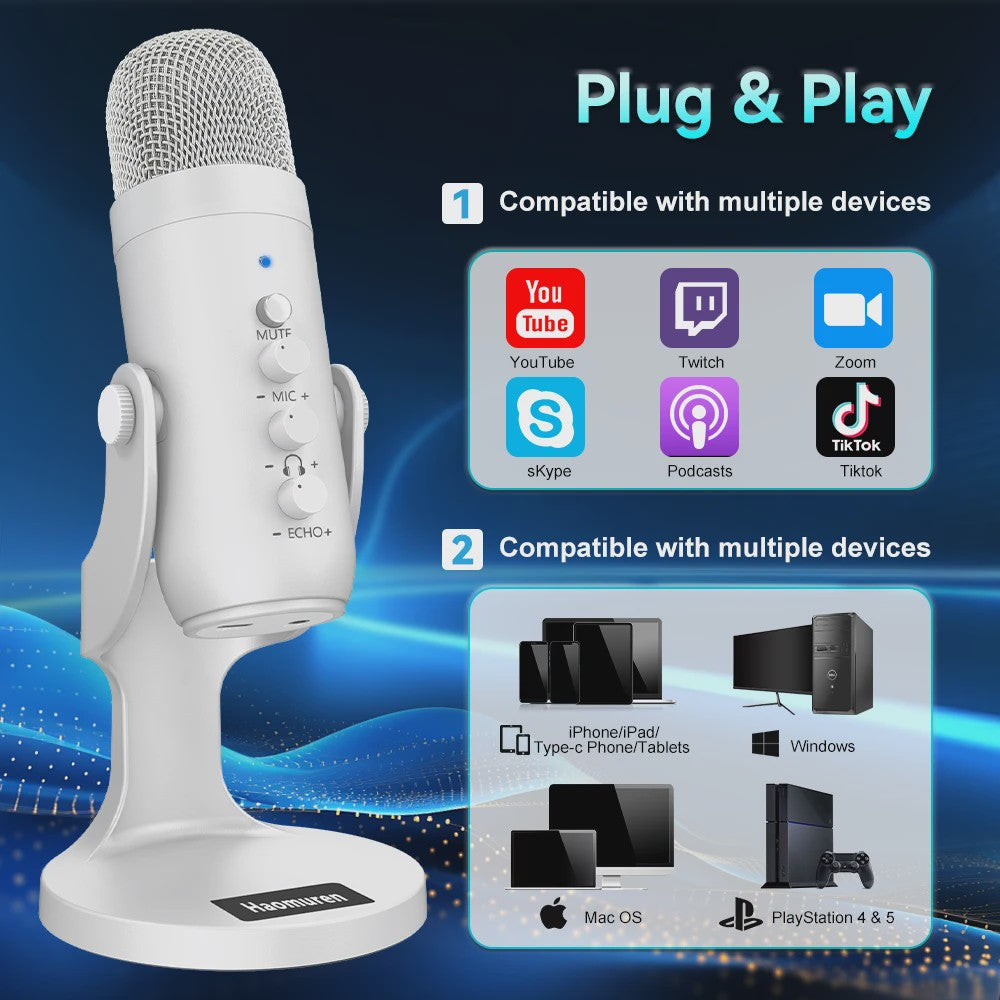 Professionele Witte USB Condensator Microfoon voor Studio, Gaming, Streaming & Podcasts