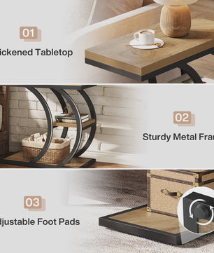 Industriële C-vormige bijzettafel met 3 niveaus en opbergruimte - Natuurlijk hout