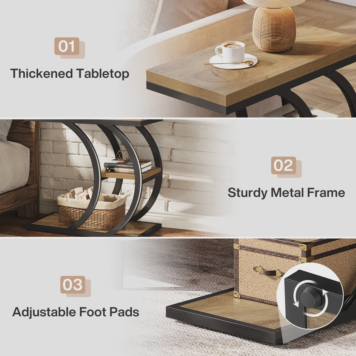 Industriële C-vormige bijzettafel met 3 niveaus en opbergruimte - Natuurlijk hout