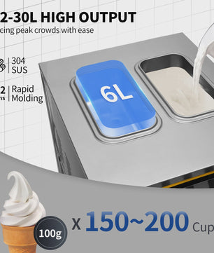 Professionele IJsmachine 22-30L/U - 2200W Soft Serve Machine met 2x6L Hoppers