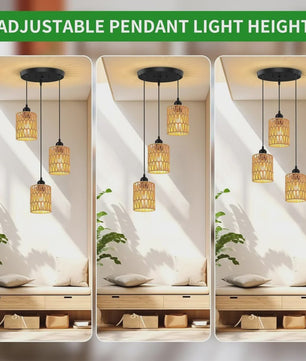 3-Lichts Rotan Hanglamp - Farmhouse Boho Stijl met Wicker Kappen voor Eetkamer, Keuken & Slaapkamer