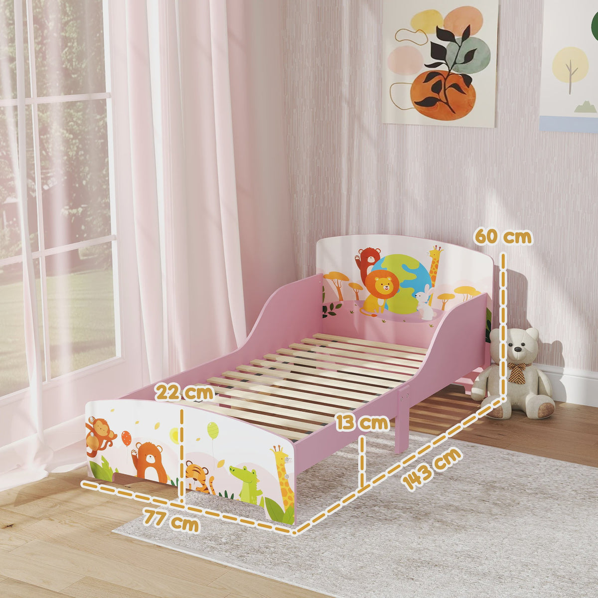 AIYAPLAY Kinder Vloerbed met Dierenprint - 140x70 cm - Inclusief Beschermpanelen & Lattenbodem