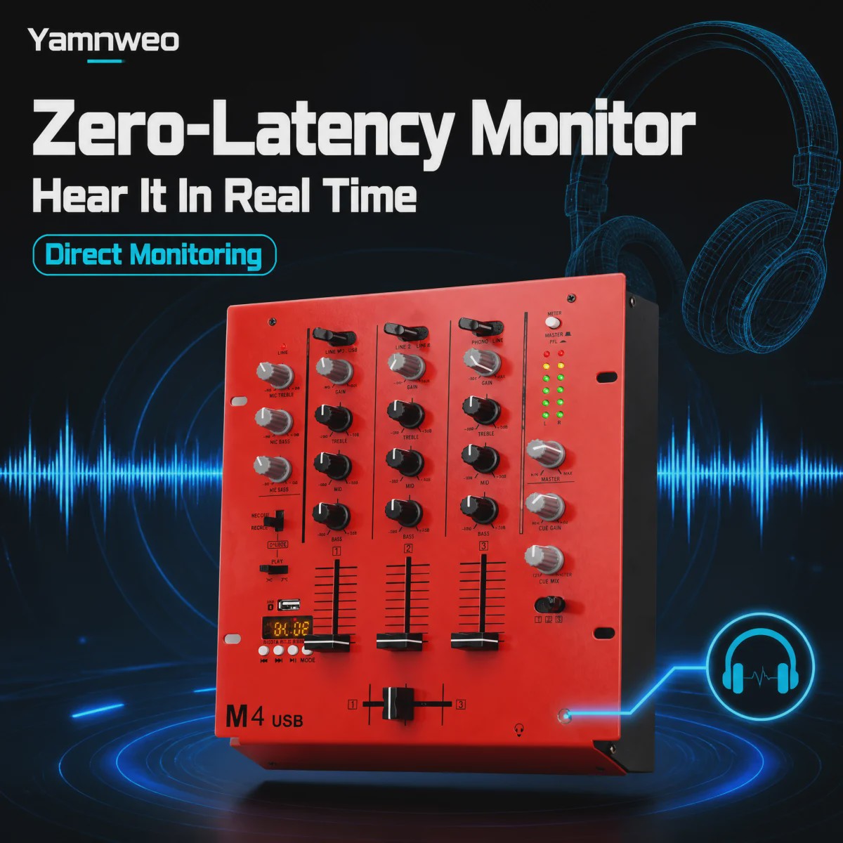 Yamnweo M4 Mini DJ Mixer - 3 Kanaals Audio Console met Bluetooth, USB MP3 & EQ