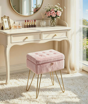 Luxe Fauteuil Poef met Opbergruimte & Pluche Zitting - Goudkleurige Poten