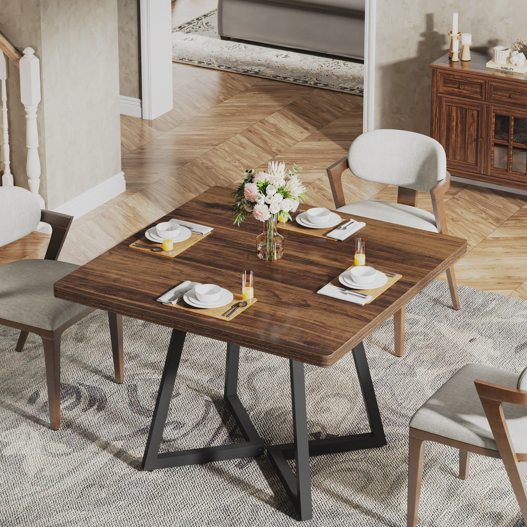 Industriële Vierkante Eettafel 80x80 cm voor 4 Personen met Houten Look en Metaal Onderstel