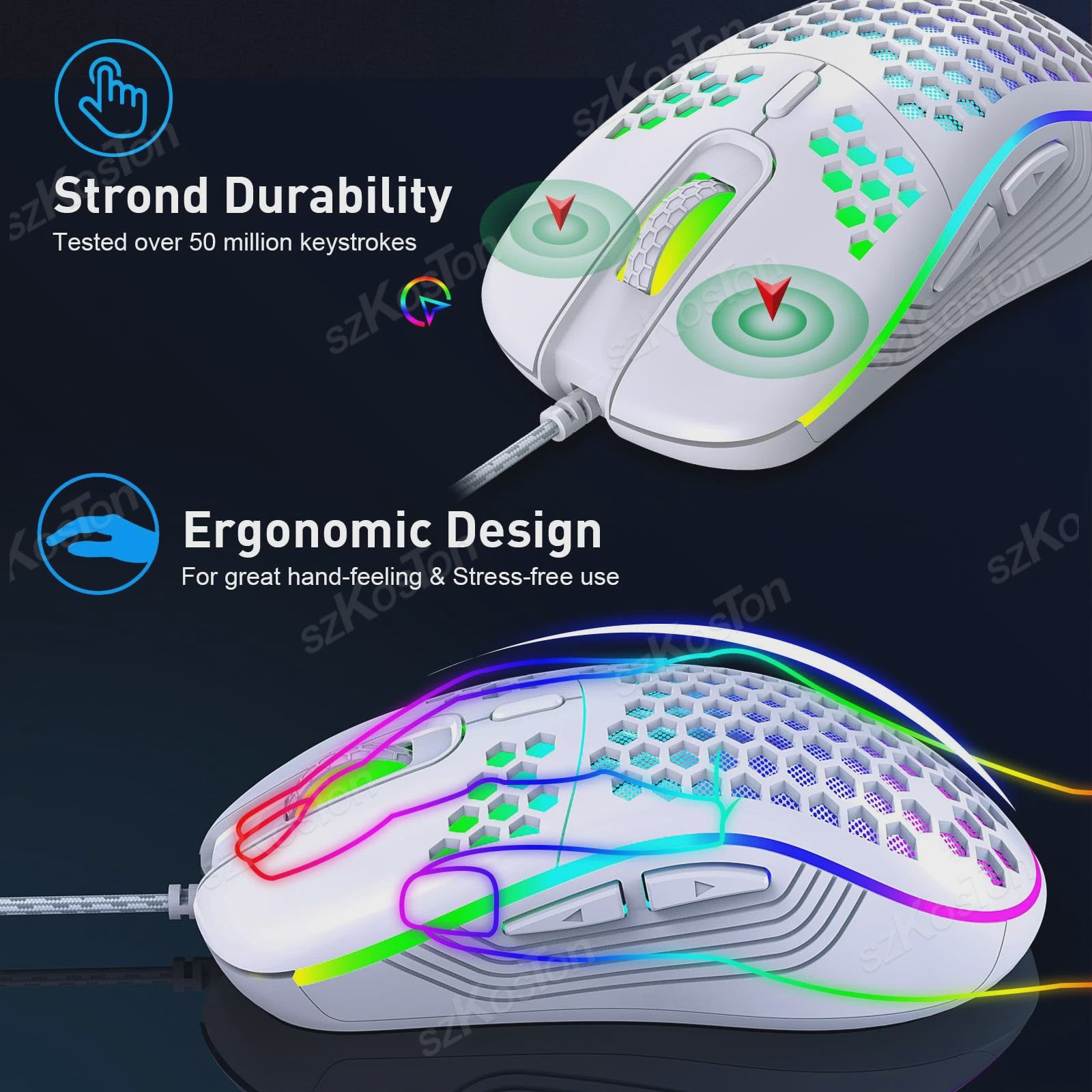 RGB Gaming Muis met Honingraat Design, 7200 DPI, Ergonomisch & Bedraad