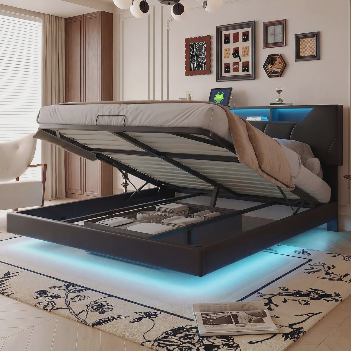 Anajqaqia Gestoffeerd Bed 140x200cm met Verstelbaar Hoofdbord en Opbergruimte