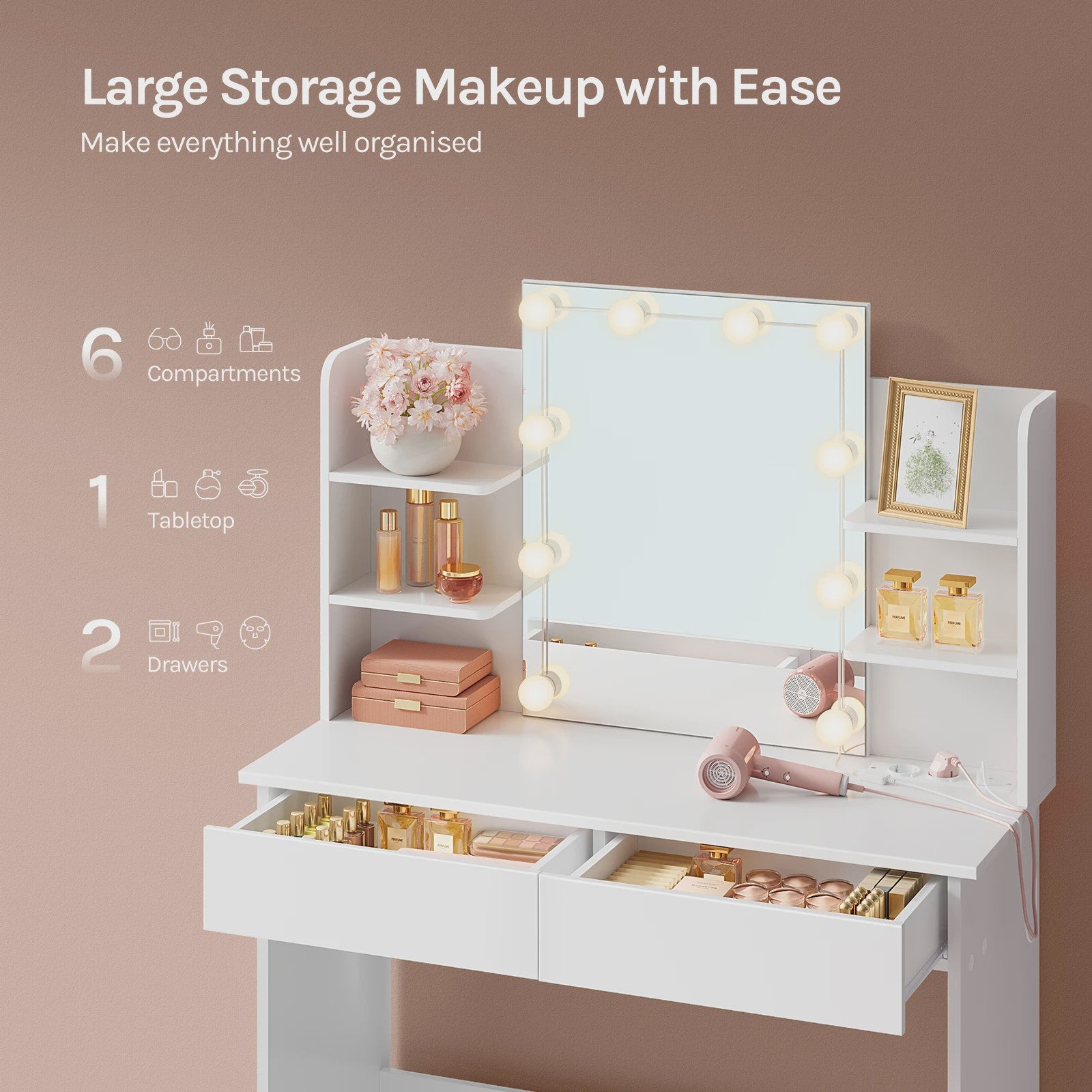 WOLTU Kaptafel met LED Verlichting, Make-up Tafel met Spiegel en Opbergvakken
