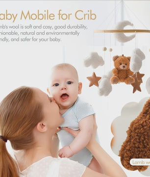 Houten Baby Mobiel voor Ledikant met Teddybeer, Maan en Sterren - Muziek & Rammelaar - Perfect Kraamcadeau