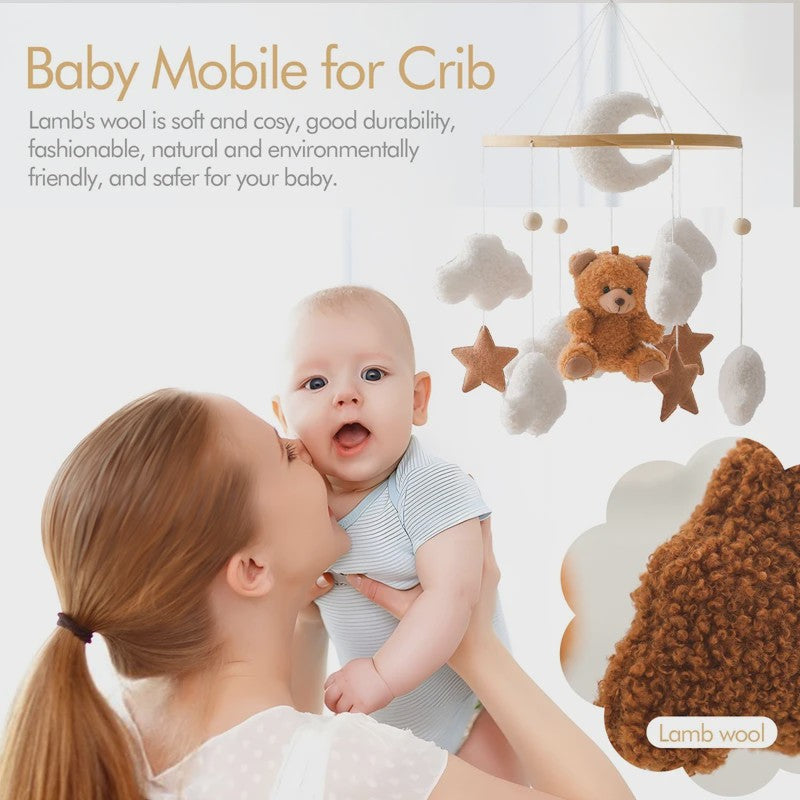 Houten Baby Mobiel voor Ledikant met Teddybeer, Maan en Sterren - Muziek & Rammelaar - Perfect Kraamcadeau