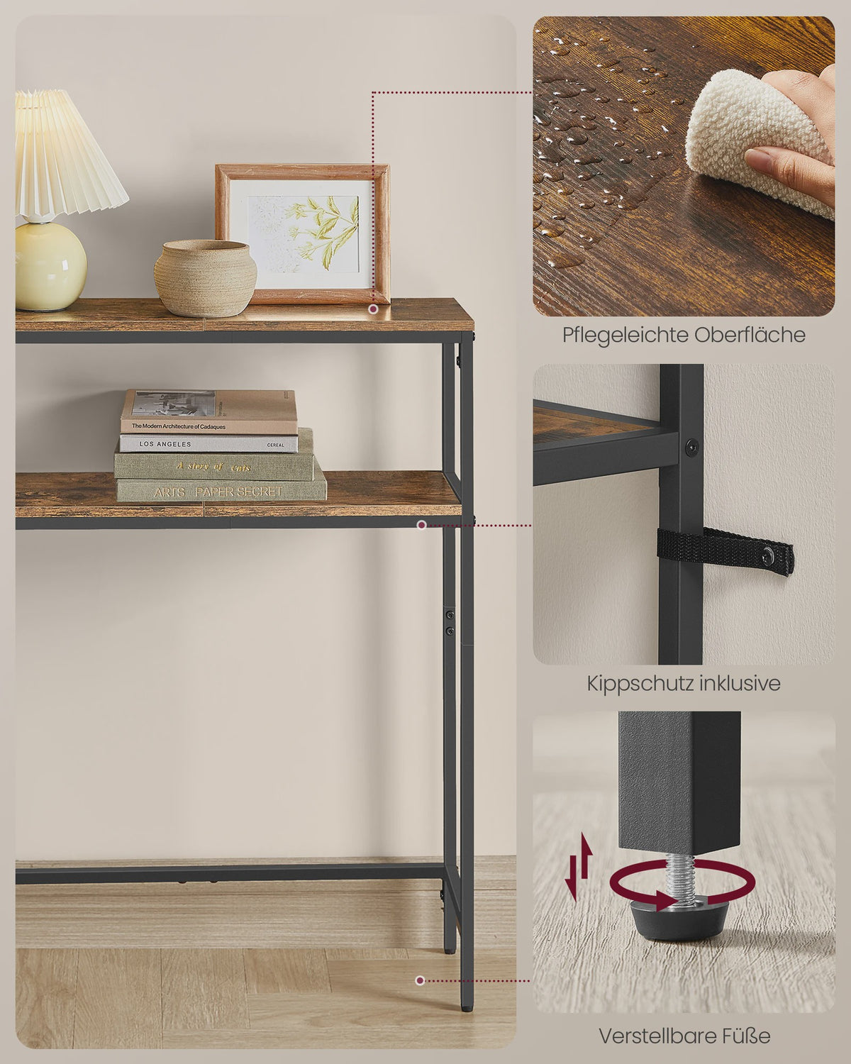 VASAGLE Console Tafel met 2 Planken & Laadstation - 80x20x80 cm - Hal & Woonkamer