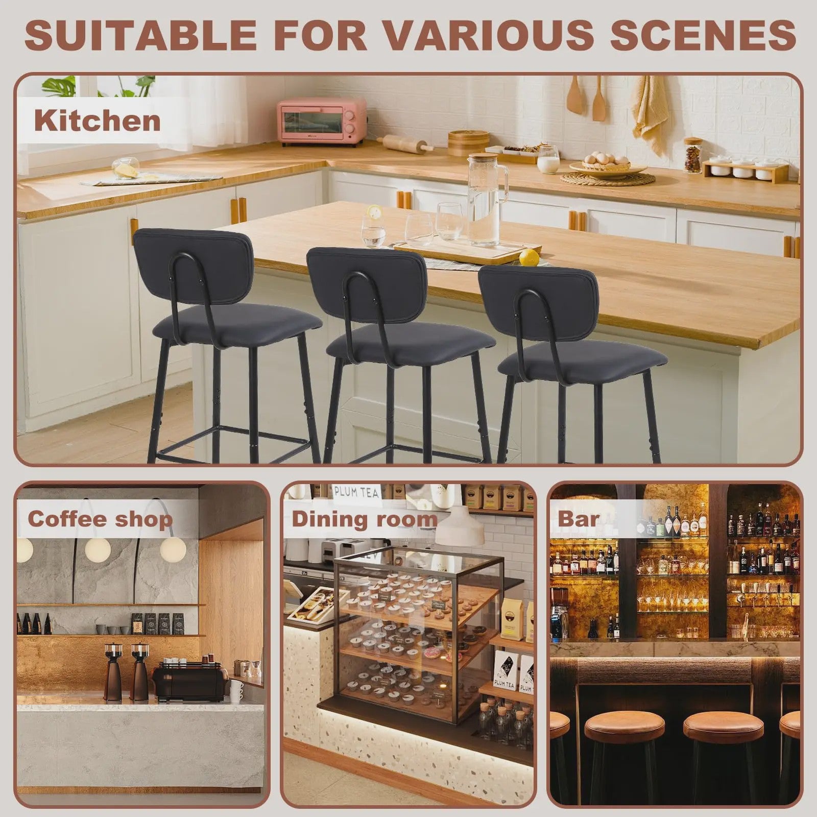 Set van 4 Luxe Barkrukken met Rugleuning - Keuken & Ontbijtbar Stoelen - Leerlook