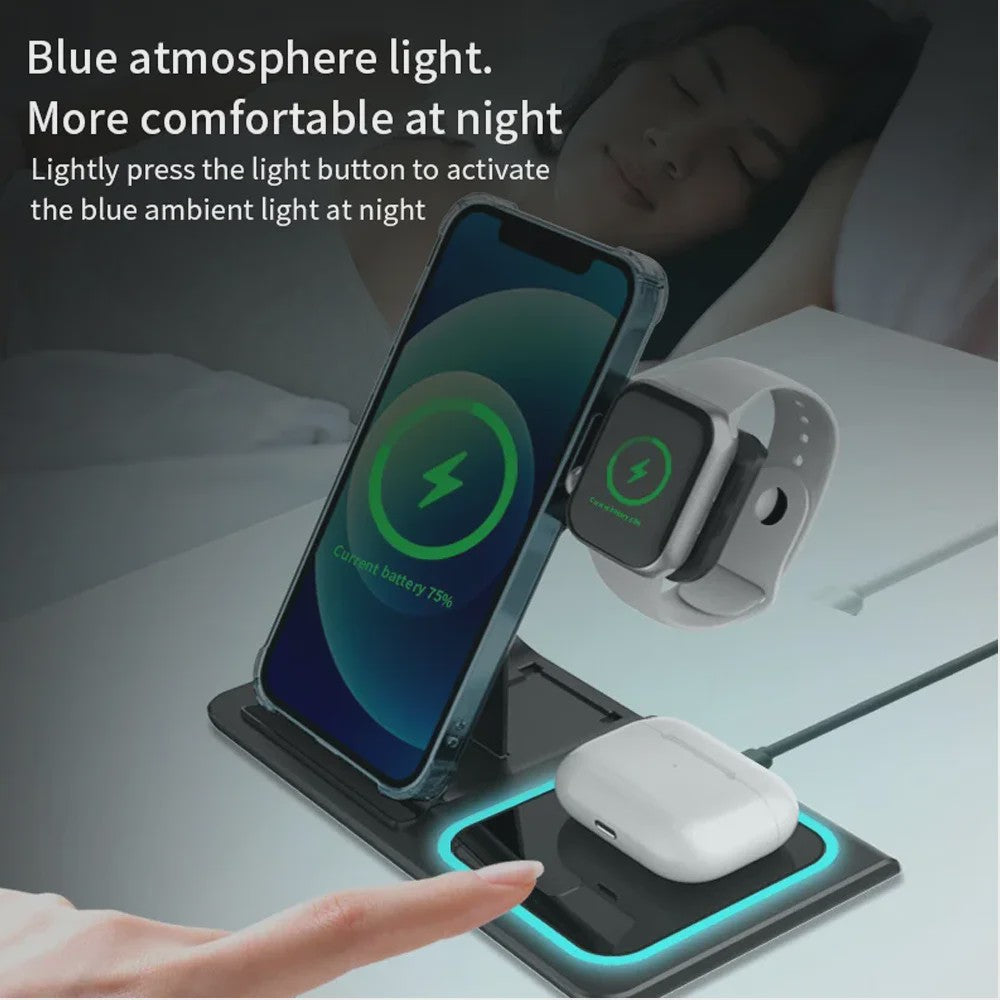3-in-1 Draadloze Oplaadstandaard voor iPhone, Apple Watch & AirPods - Opvouwbaar
