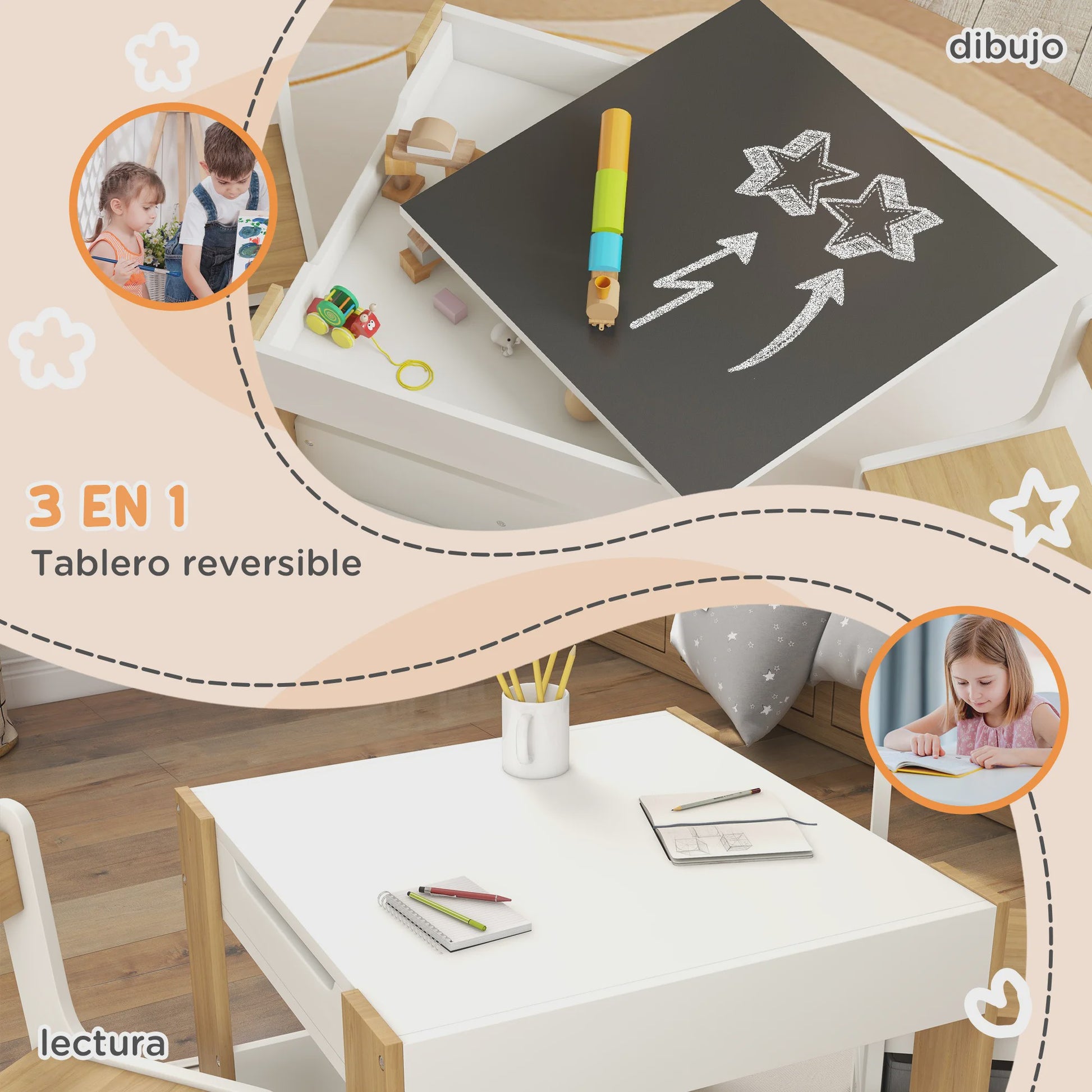 Kindertafel met 2 Stoelen en Whiteboard/Krijtbord - Inclusief Opbergruimte