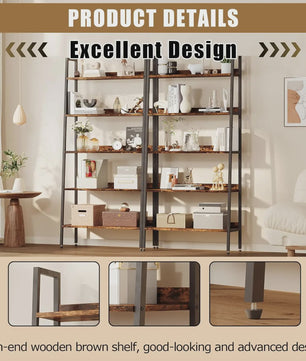 5-Laags Ladder Boekenkast - Smal Houten Wandrek met Metalen Frame