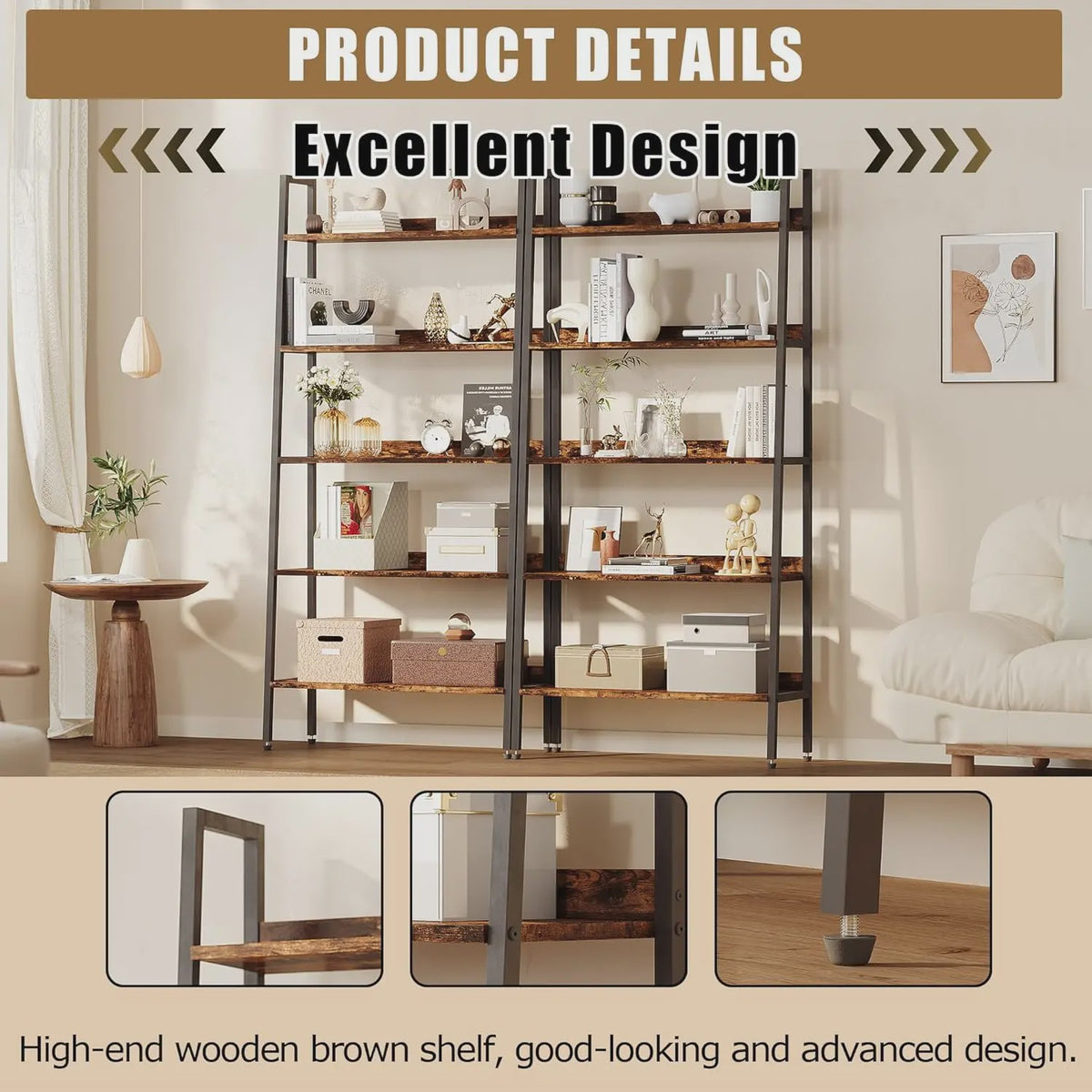 5-Laags Ladder Boekenkast - Smal Houten Wandrek met Metalen Frame