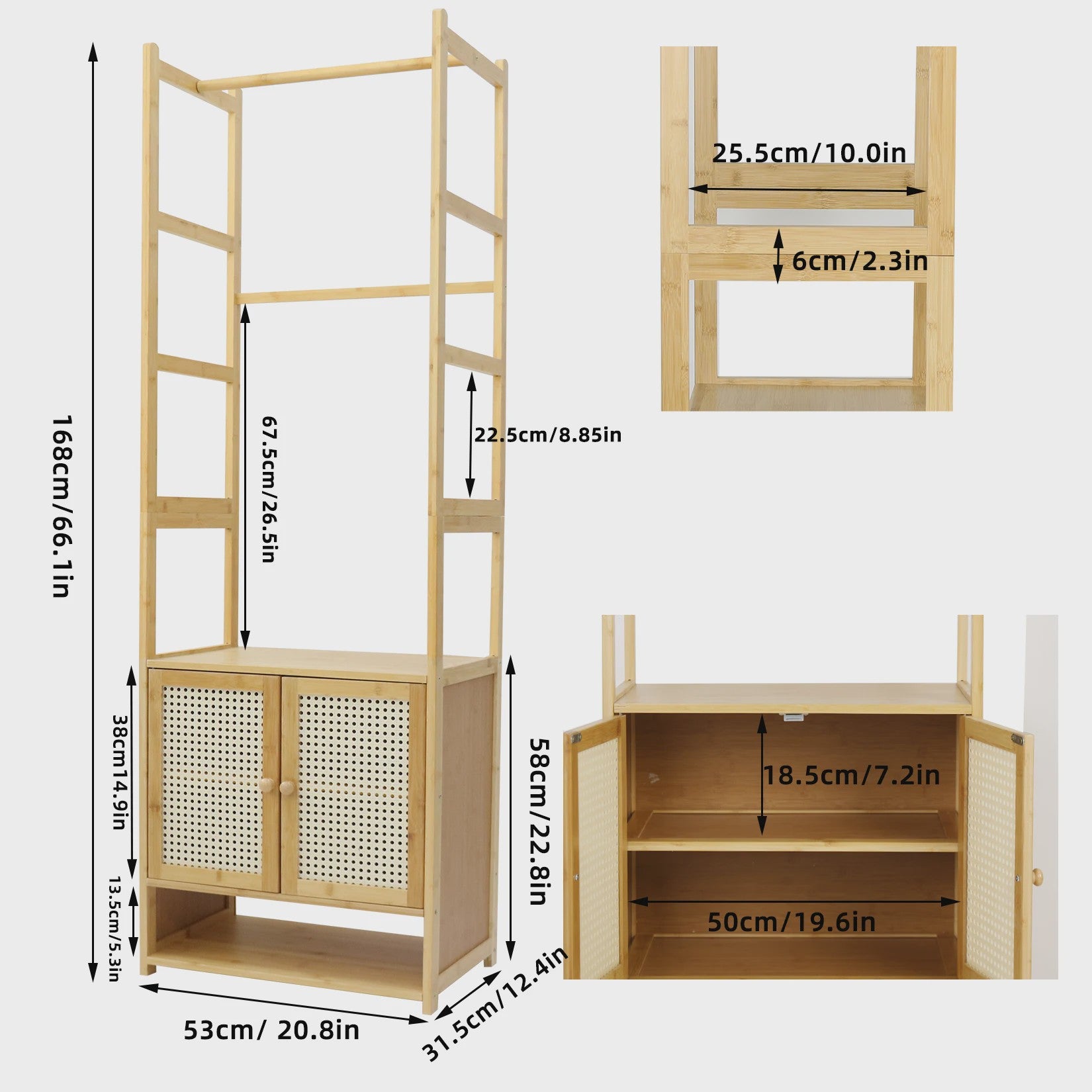 Kledingrek met Kast - Vrijstaand Bamboe Kledinghanger Meubel met Opbergplanken
