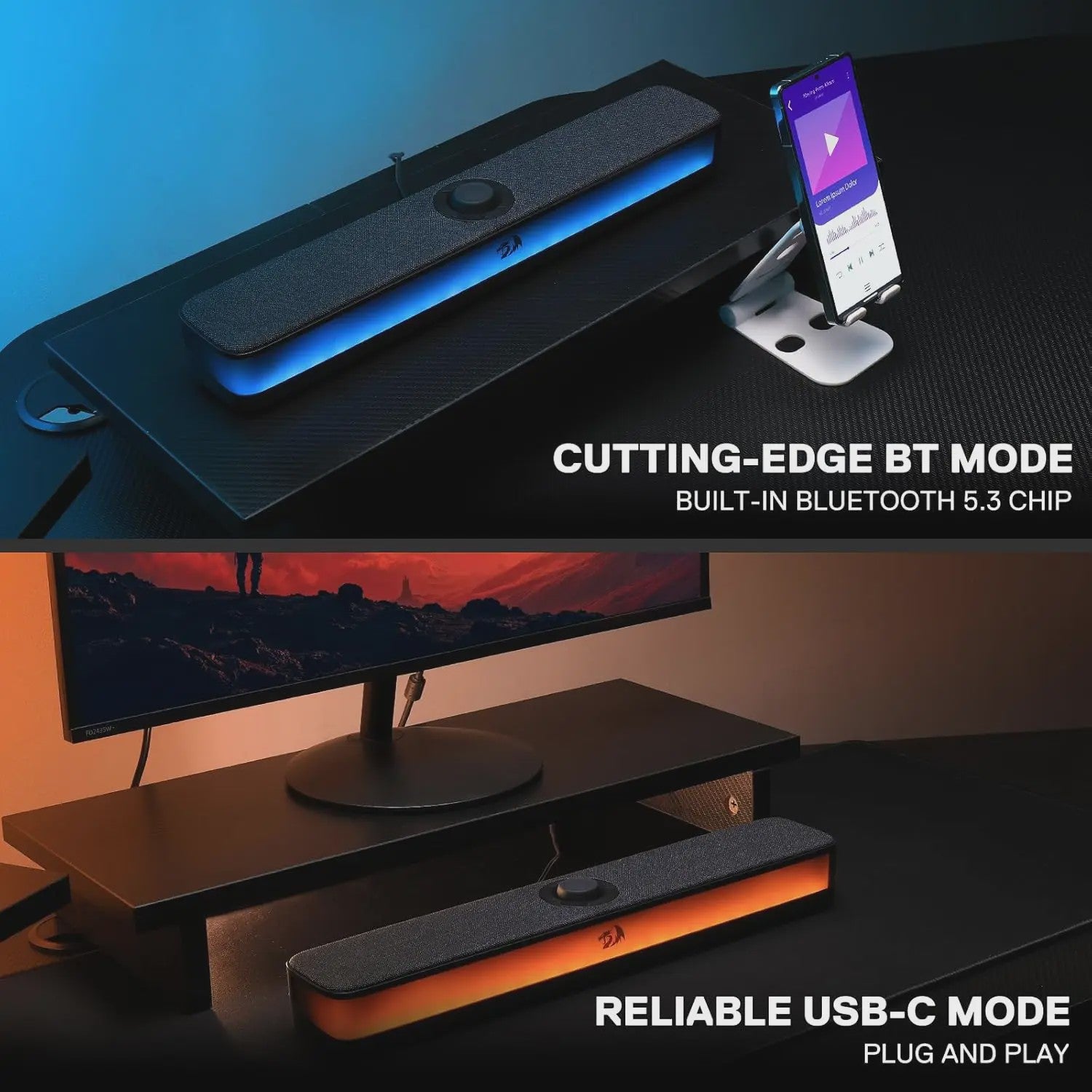 Redragon GS515 RGB Soundbar: Compacte Desktop Speaker met Bluetooth 5.3 & USB-C