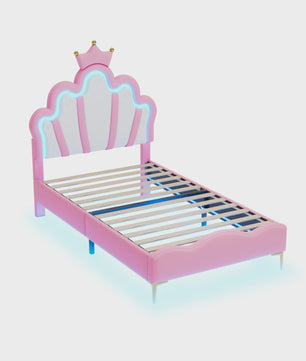 Betoverend Prinsessenbed 90x200cm met Kroon Hoofdbord, LED Verlichting en Lattenbodem