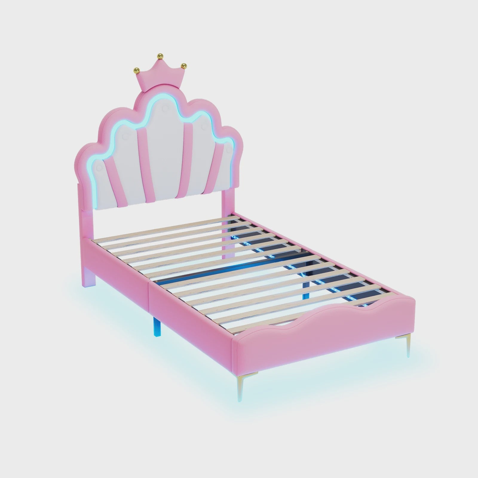 Betoverend Prinsessenbed 90x200cm met Kroon Hoofdbord, LED Verlichting en Lattenbodem