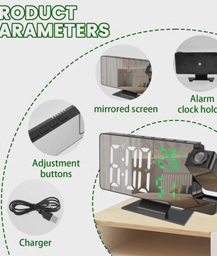 Moderne LED Digitale Projectiewekker met Spiegel & 180° Draaibare Projector