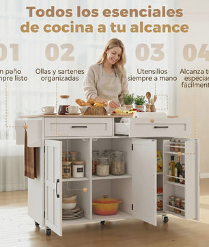 Homcom Keuken Eiland met Uitschuifbaar Werkblad, Wielen en Opbergruimte - Wit