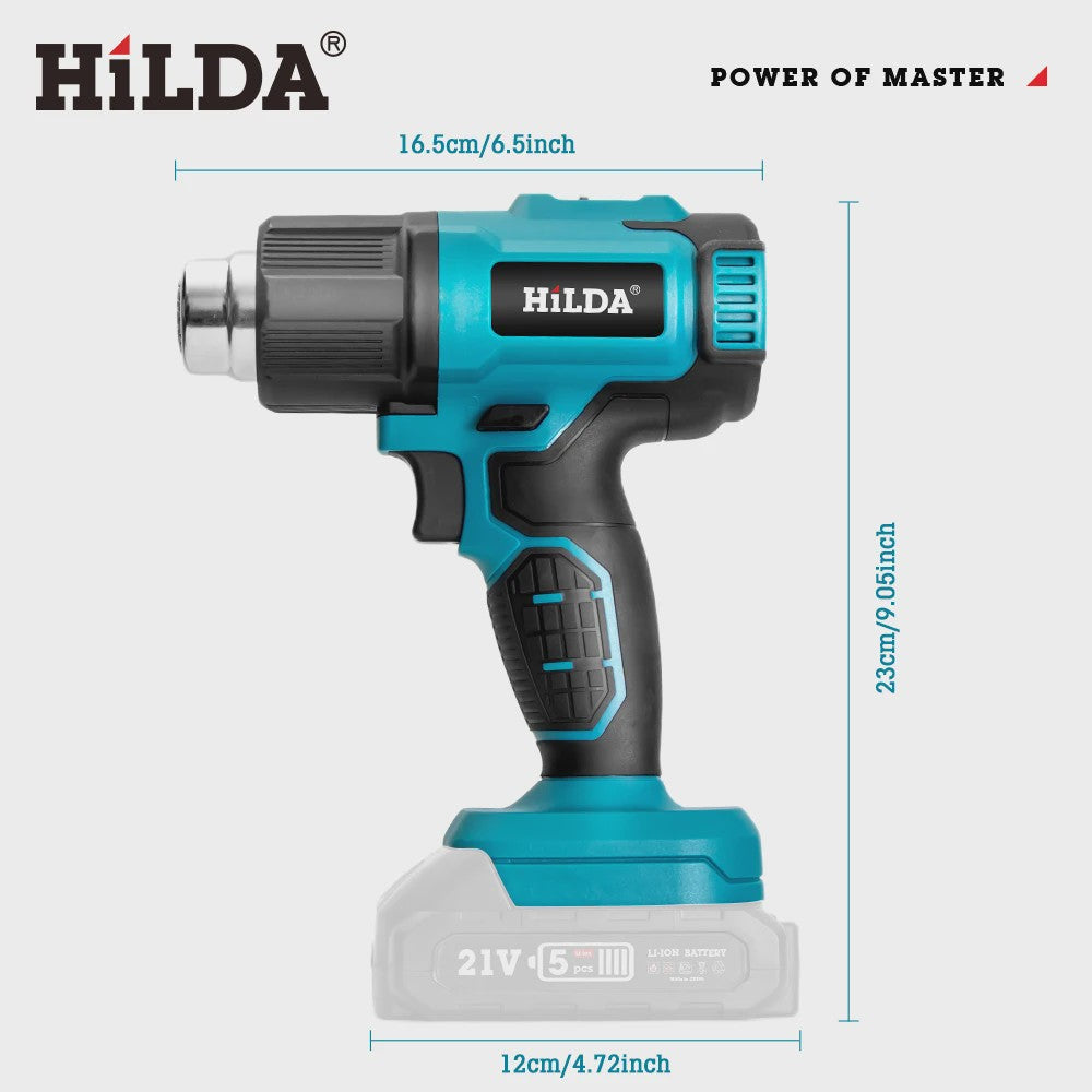 HILDA 21V Draadloze Hete Lucht Föhn - Oplaadbaar, Compatibel met Makita Batterij, Inclusief Mondstukken