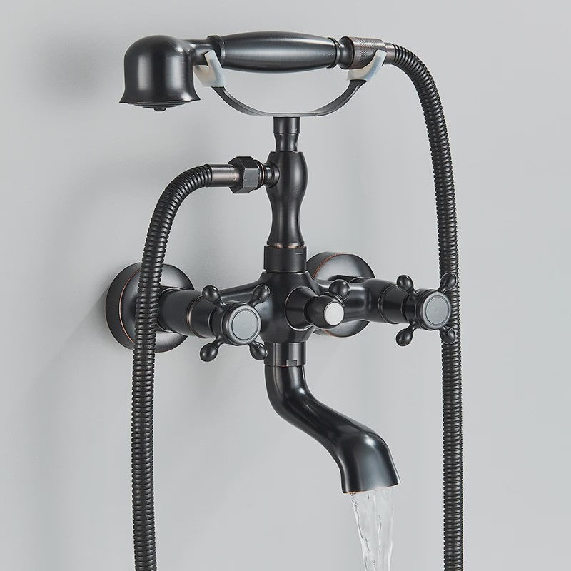 Retro Douchekraan Set met Baduitloop - Antiek Messing & Zwart Brons