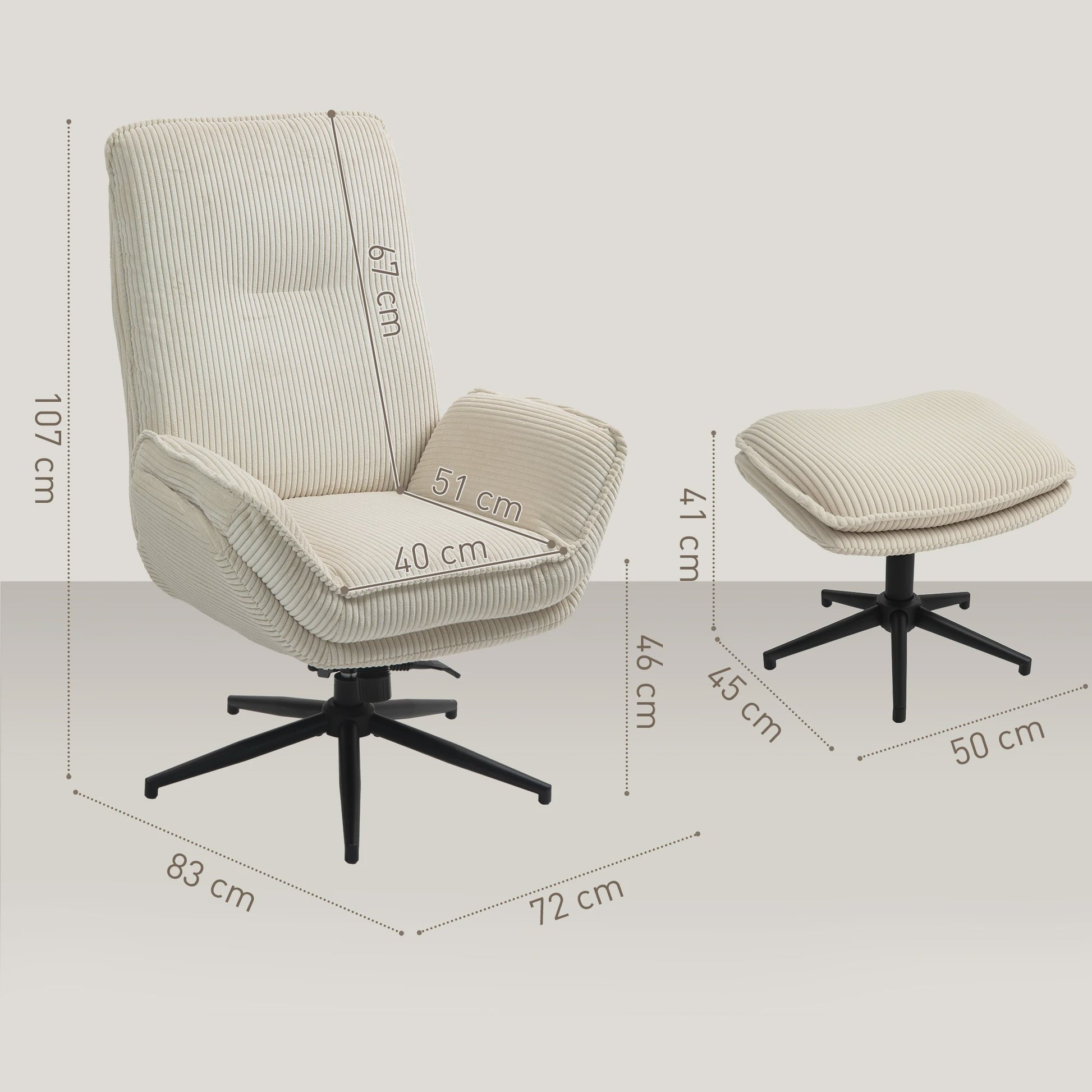 HOMCOM Armchair Living Room with Feet, Ribbed Velvet swivel chair, tilt back, seat and armrests padded, top back, Armchair for living room and bedroom, beige