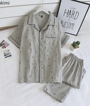 Heren Pyjama Set van 100% Katoen Gauze - Korte Mouw & Print - Comfortabele Homewear voor Zomer