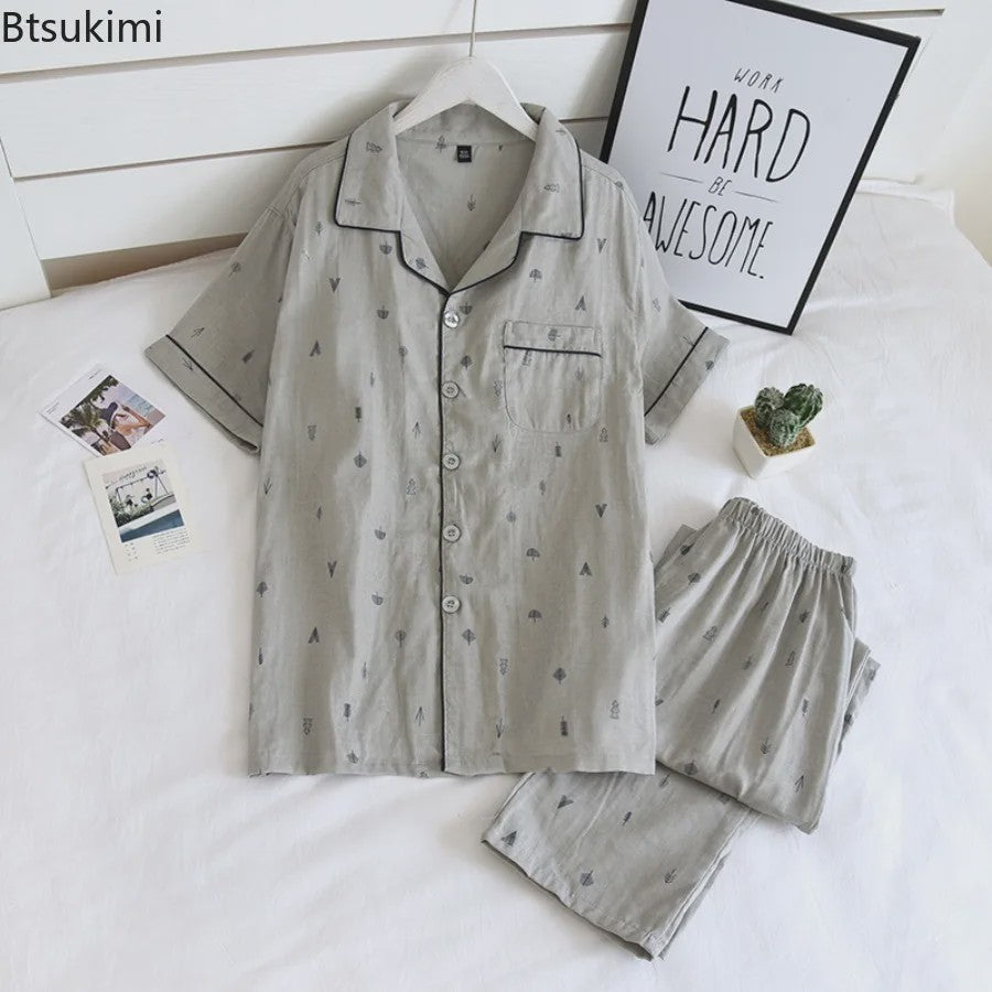 Heren Pyjama Set van 100% Katoen Gauze - Korte Mouw & Print - Comfortabele Homewear voor Zomer