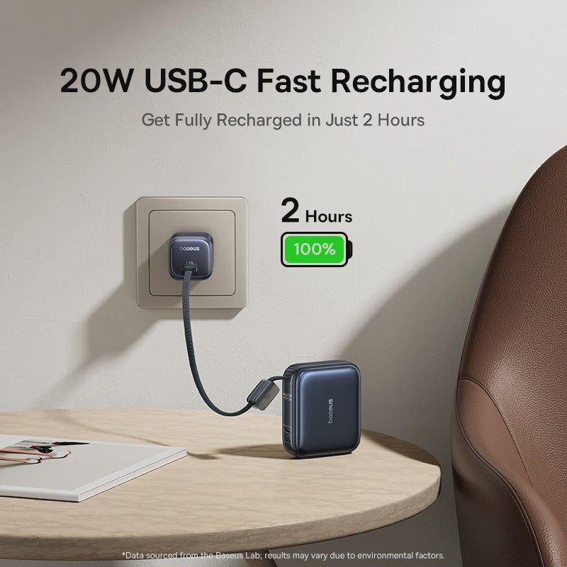 Baseus 45W Mini Powerbank 10000mAh met Ingebouwde USB-C Kabel - Compact & Snel Laden