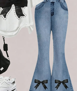 Zomer Outfit Meisjes: Trendy Set met Strikjes - T-shirt & Flared Jeans voor Kinderen (4-12 jaar)