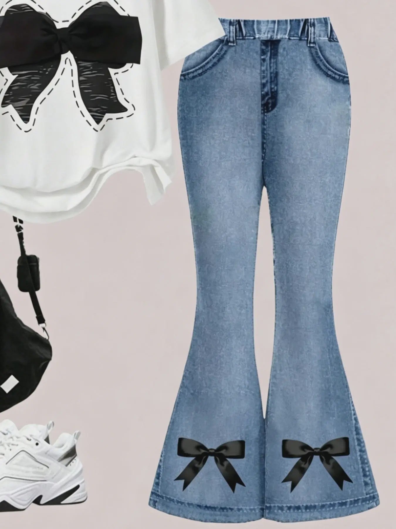 Zomer Outfit Meisjes: Trendy Set met Strikjes - T-shirt & Flared Jeans voor Kinderen (4-12 jaar)