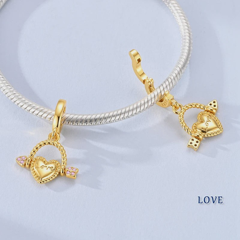 925 Sterling Zilveren Bedel: Gouden Strik met Roze Hart & Kruis met Oog van Horus