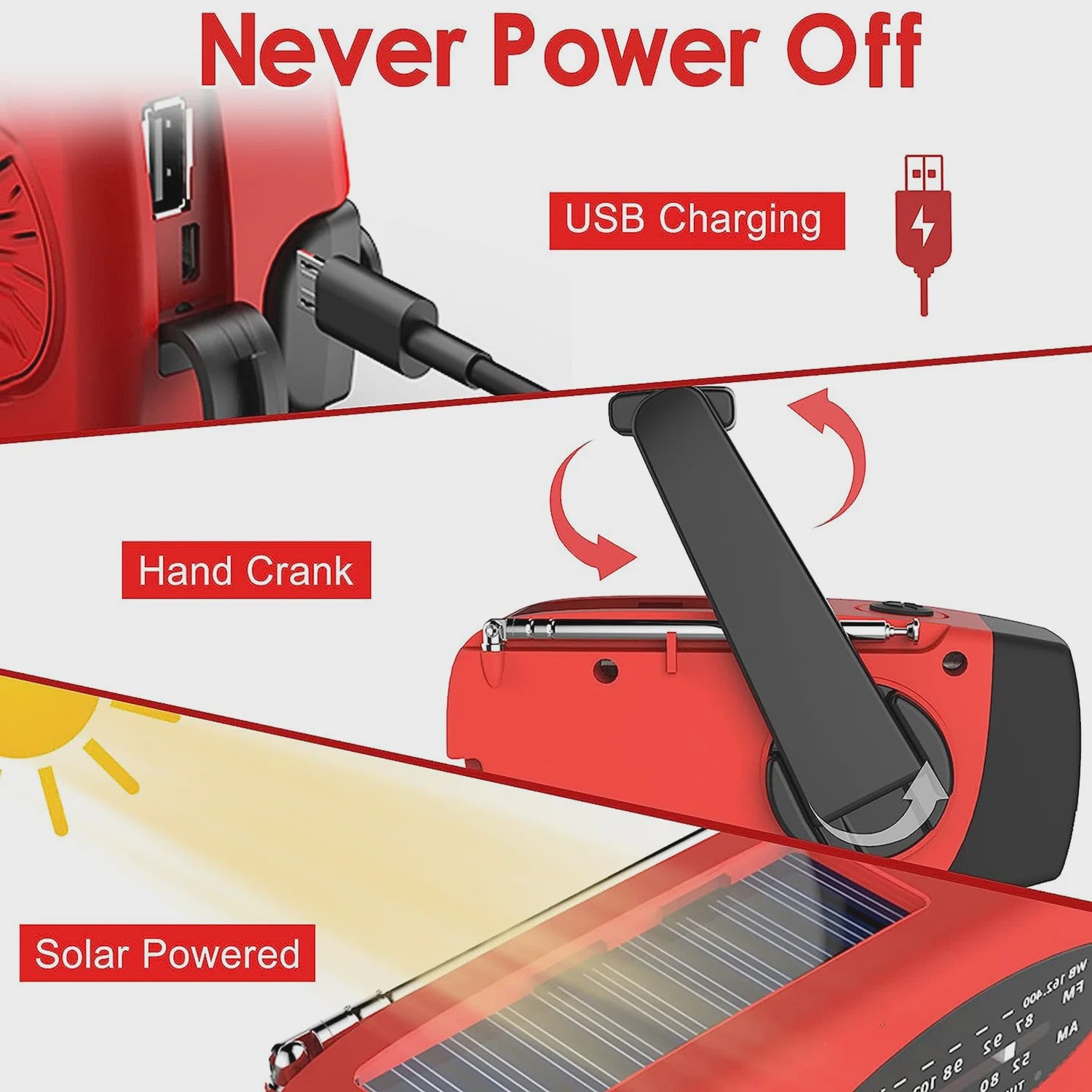 Noodlamp met Radio & Powerbank: Solar, Dynamo, USB Opladen