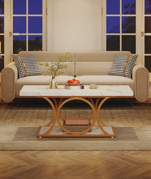 Moderne Rechthoekige Salontafel met 2 etages en Marmerlook & Gouden Frame