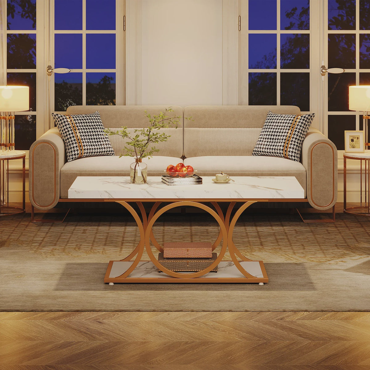 Moderne Rechthoekige Salontafel met 2 etages en Marmerlook & Gouden Frame