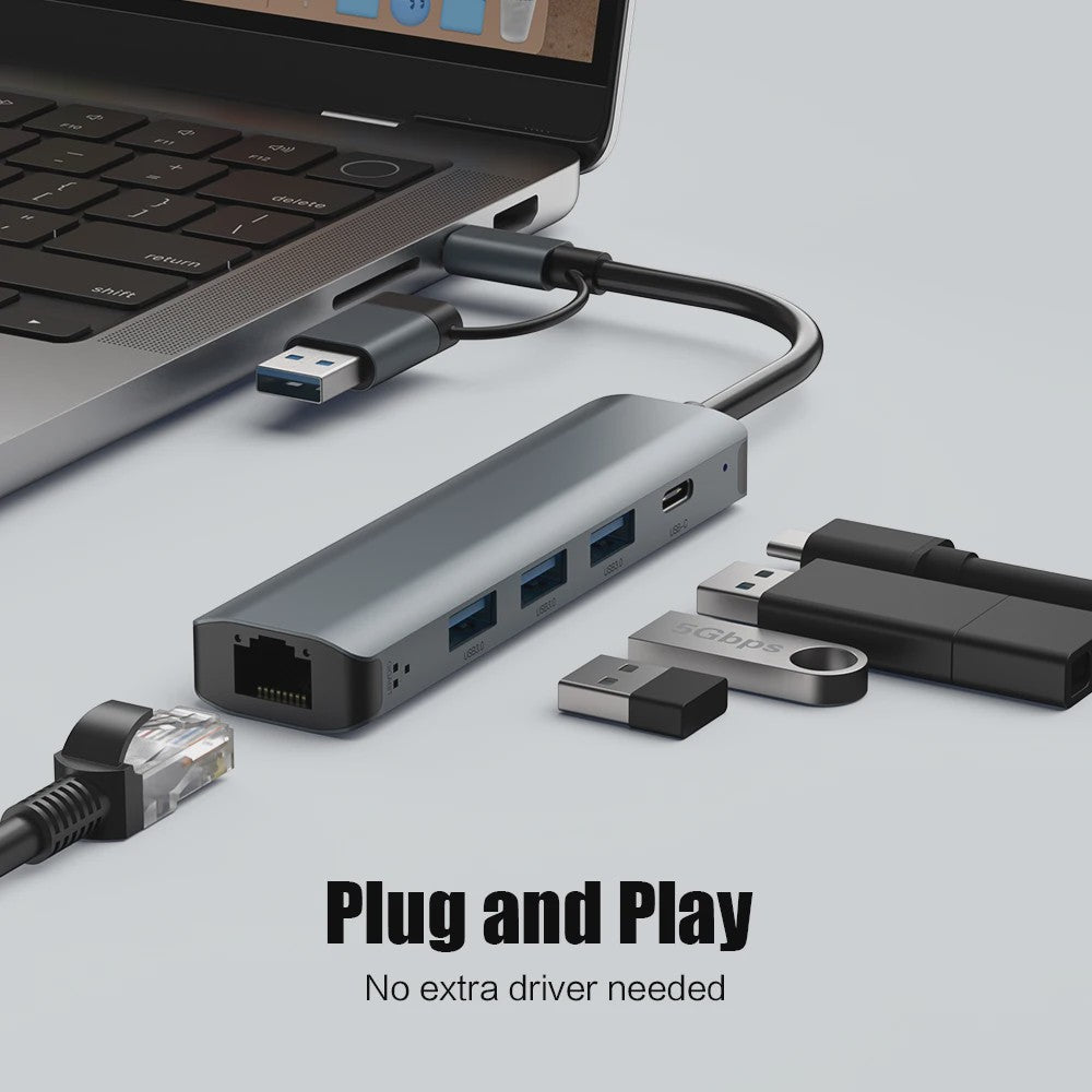 USB-C Hub met Gigabit Ethernet & 3x USB 3.0 Poorten - Aluminium Docking Station