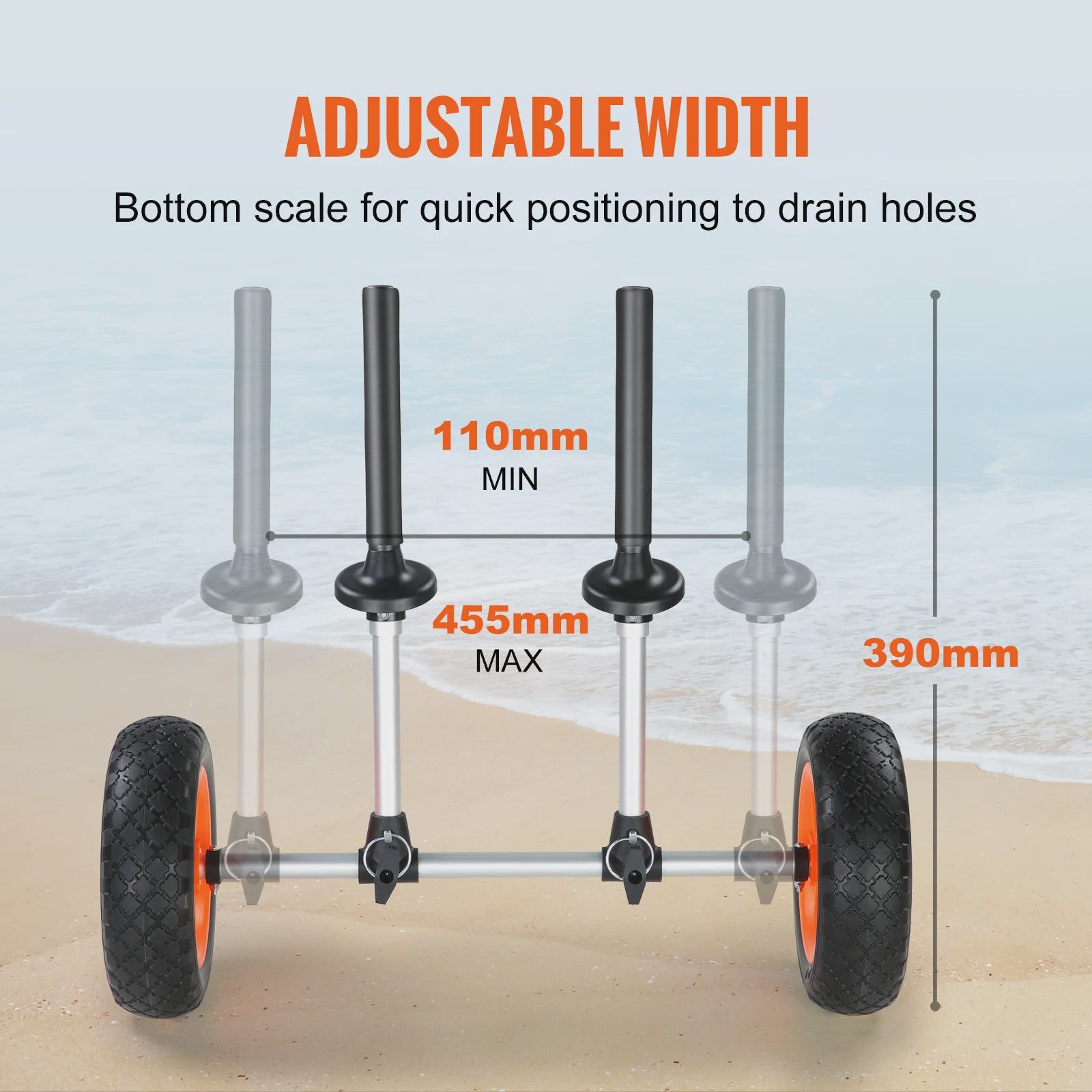 Robuuste Kayak & Kano Trailer Kar met 10'' Massieve Banden - Verstelbare Breedte & 127kg Draagvermogen